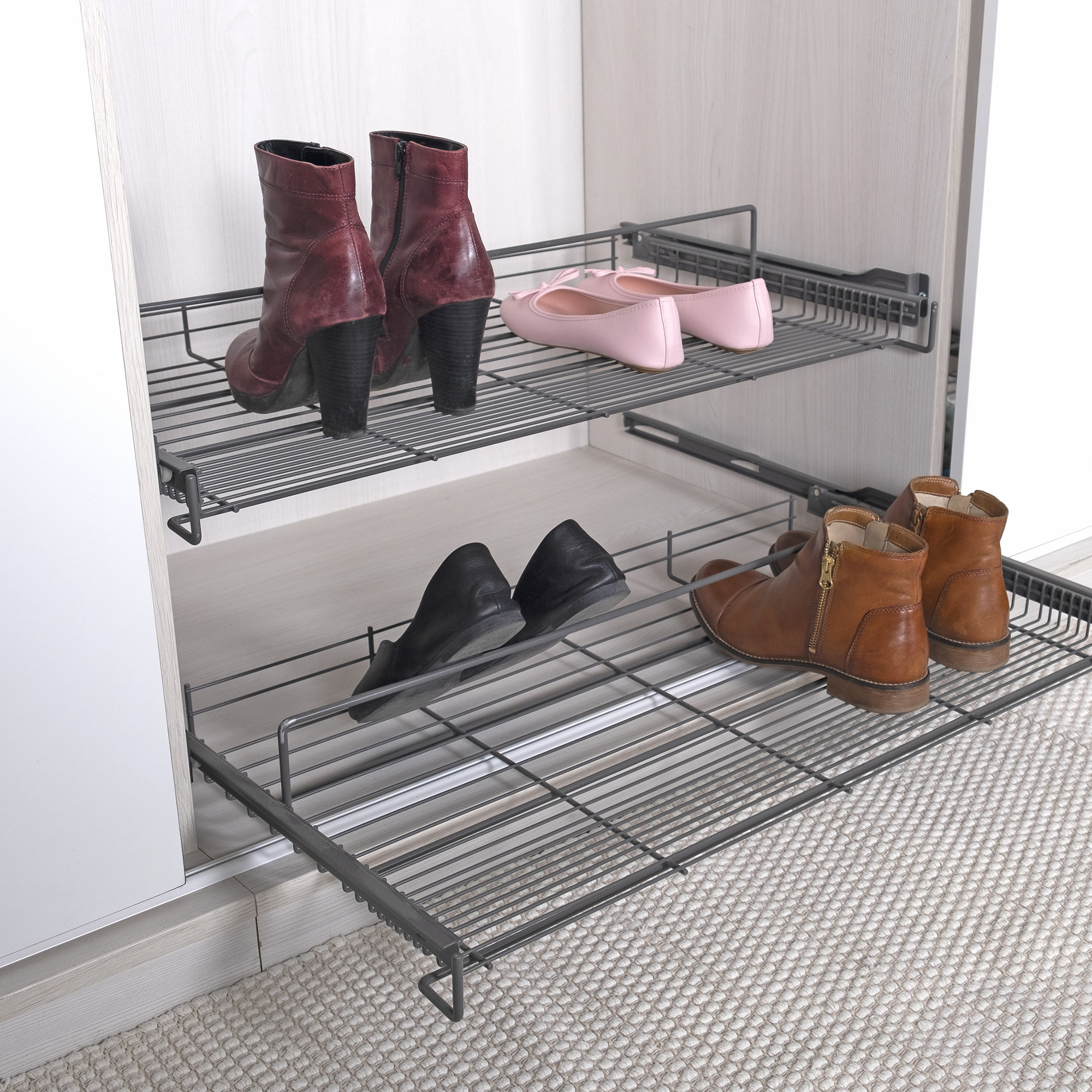 Sliding shoe shop cabinet